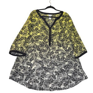 Catherines Tunic Top Womens 1X Yellow Black Palm Leaf Print Henley 3/4 Sleeve